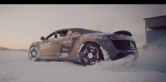 An Audi R8 and a Lamborghini Gallardo playing in the snow An Audi R8 and a Lamborghini Gallardo playing in the snow