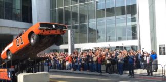 A General Lee Dodge Charger makes a stunt jump in Detroit A General Lee Dodge Charger makes a stunt jump in Detroit